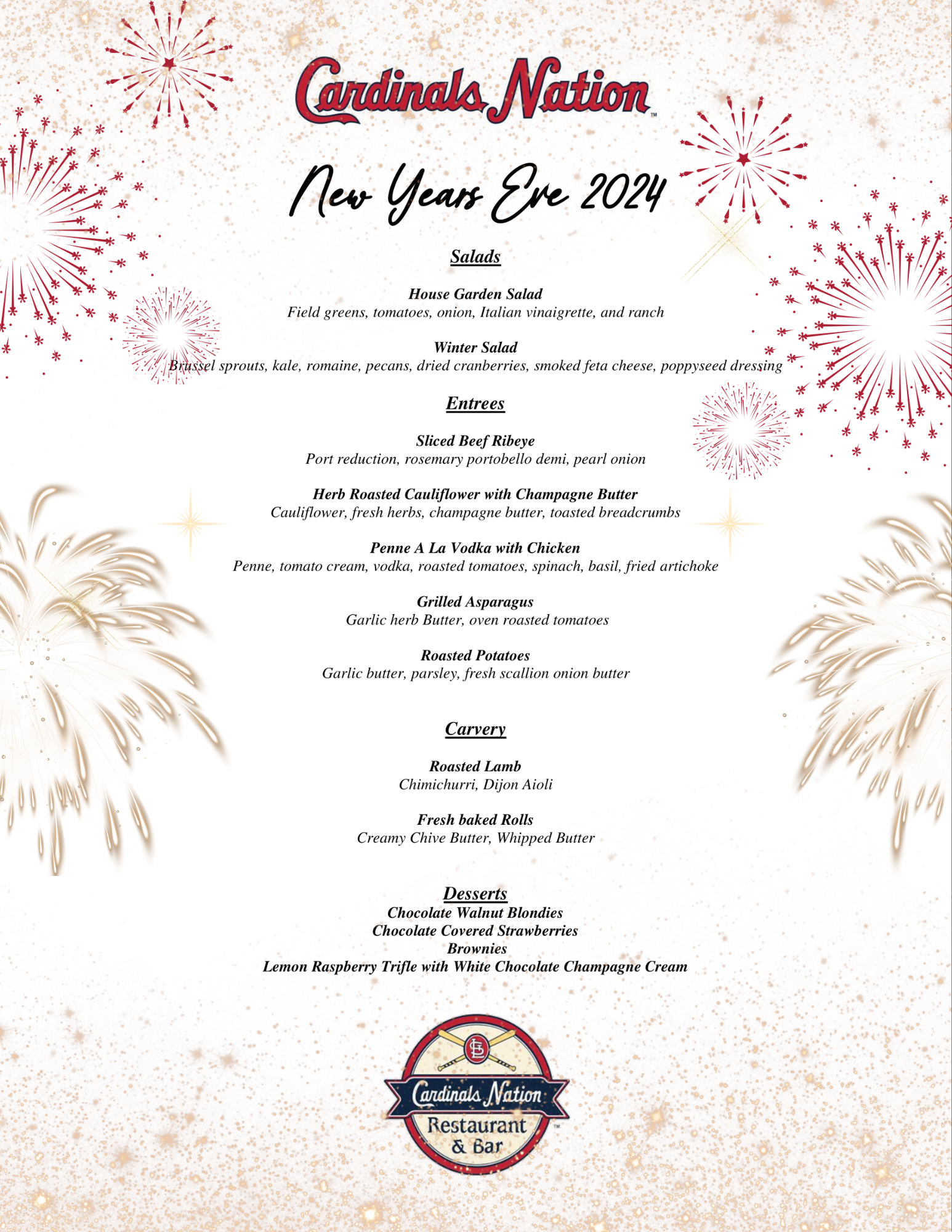 Cardinals Nation NYE Dinner Menu