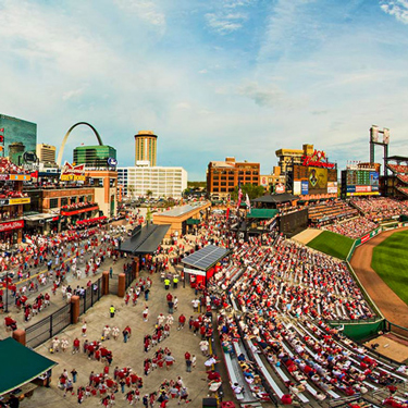 Panoramic image of Ballpark Village and Busch Stadium