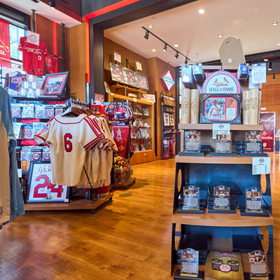 Inside of Cardinal Authentics store at Ballpark Village, items include jerseys, hats, apparel, gifts, memorabilia, and more.